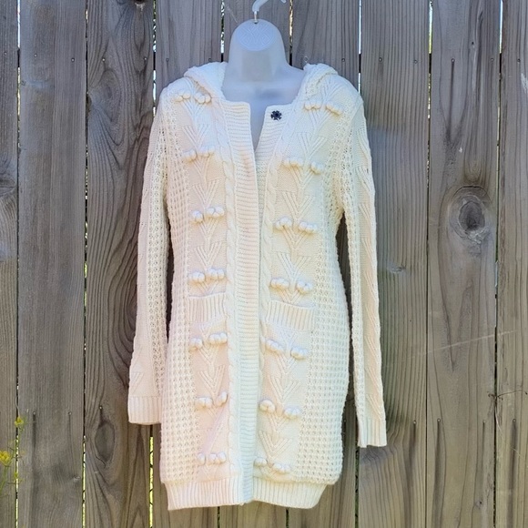 MM COUTURE Cream Cable Knit Faux Fur Lined Hooded sweater Cardigan Jacket - Picture 2 of 13